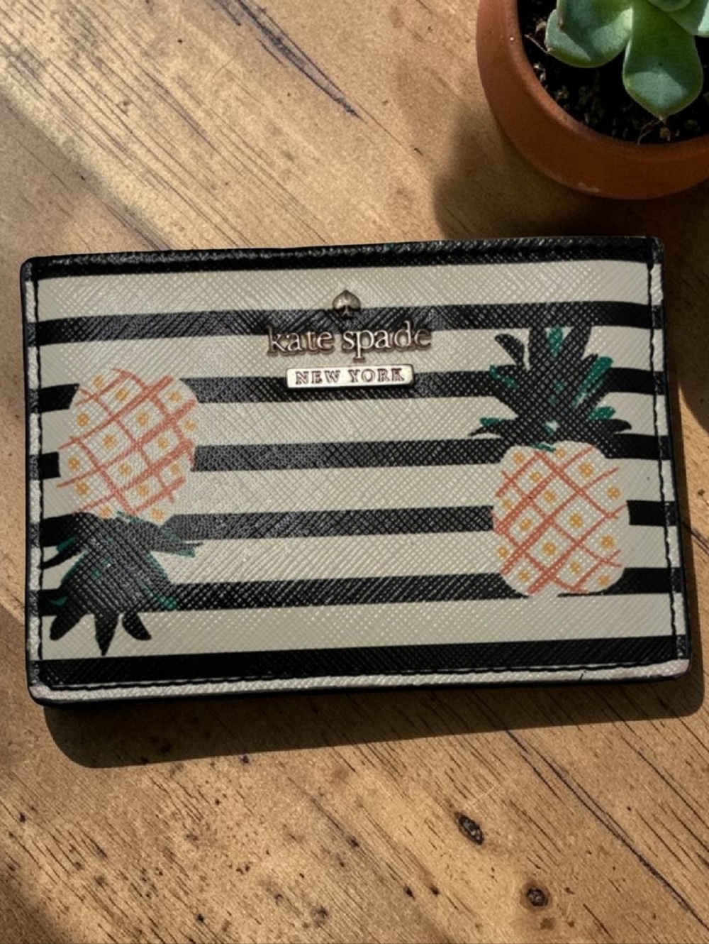 Kate Spade Pineapple Stripe Card Wallet - Black & White with Coral Accents, NWOT